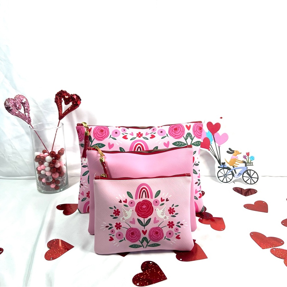 OCS Designs Cosmetic Zipper Bag Set of 3 Bright Lively Pink Floral Pattern
